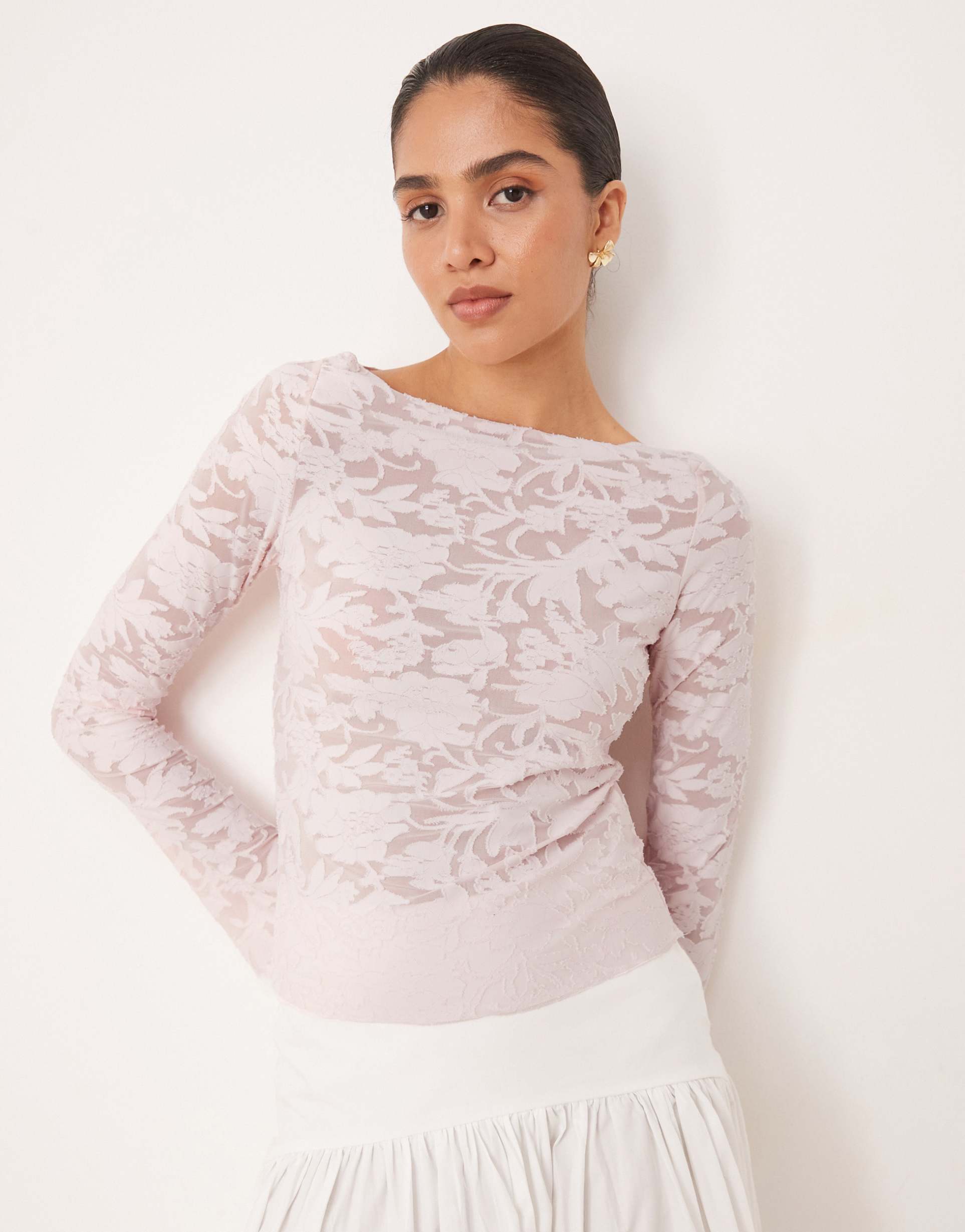 gina tricot long sleeve textured print crew neck top in light pink