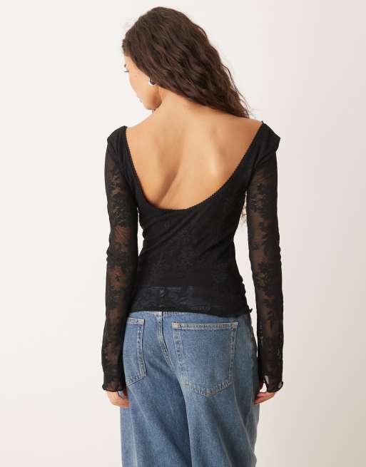 Gina Tricot long sleeve tie front flower jacquard top in black, 3 of 4