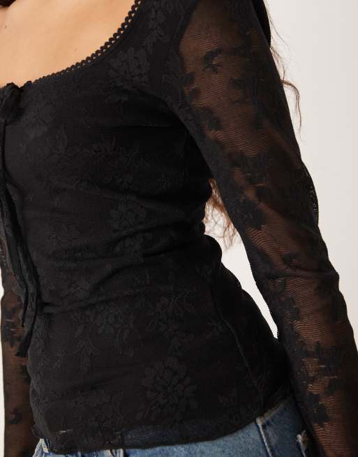 Gina Tricot long sleeve tie front flower jacquard top in black, 4 of 4