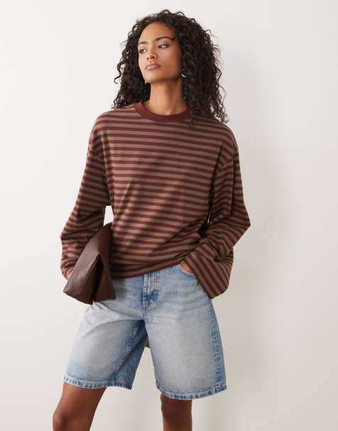 Gina Tricot long sleeve top in brown & plum stripe - view 1