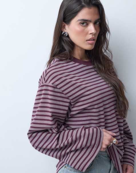 Gina Tricot long sleeve top in burgundy and pink stripe