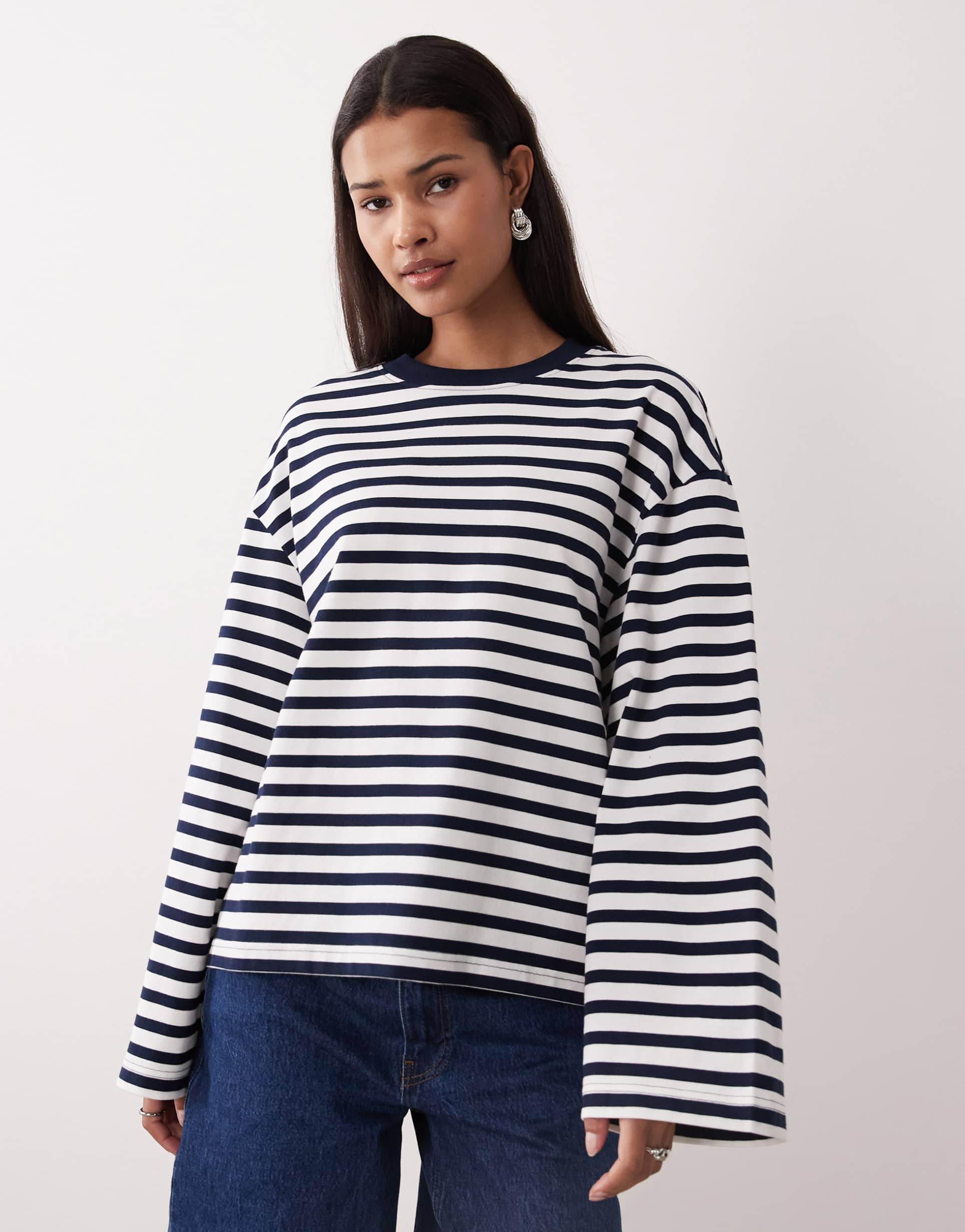 gina tricot long sleeve top in navy and white stripe