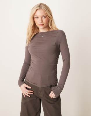 Gina Tricot Long Sleeve Top With Boat Neck And Pleated Front Detail In Dark Beige-neutral