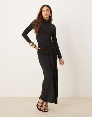 long sleeve turtle neck maxi dress with tie front side detail in black