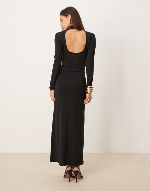 ワンピース Gathered Neck Long Dress CL126726-black-plunge-long-