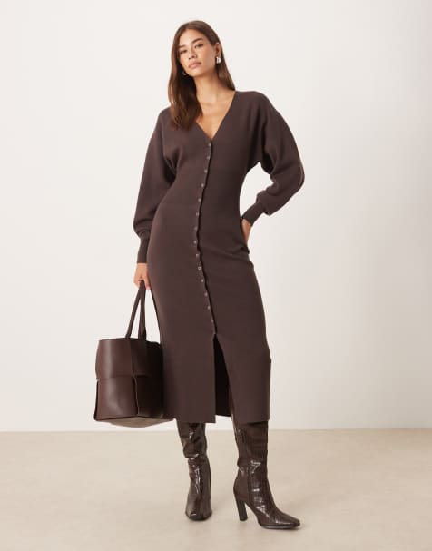 Gina Tricot long sleeve v neck button down midi knitted dress in brown - view 1