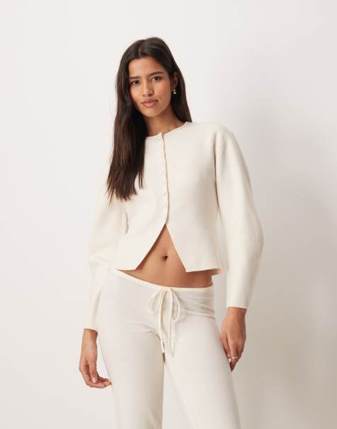 Gina Tricot long sleeve v neck fine knit wrap cardigan in cream - view 1