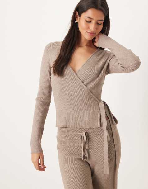 Gina Tricot long sleeve v neck fine knitted wrap cardigan in beige melange - view 1