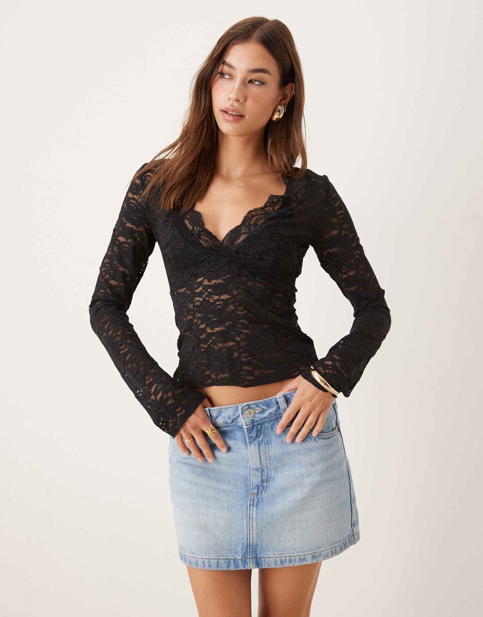 gina tricot long sleeve v neck lace top in black