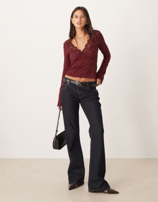 Gina Tricot Long Sleeve V Neck Lace Top In Brown