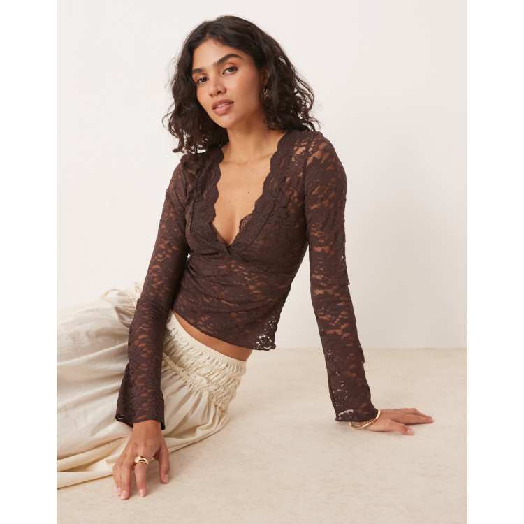 Gina Tricot long sleeve V-neck lace top in chocolate brown | ASOS