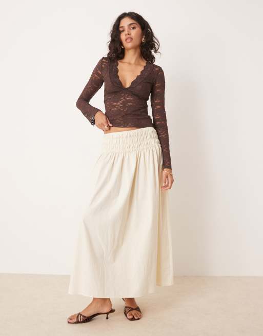 Gina Tricot long sleeve V-neck lace top in chocolate brown