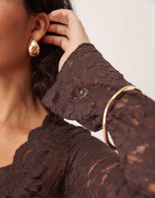 Gina Tricot long sleeve V-neck lace top in chocolate brown