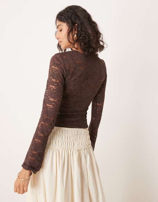 Gina Tricot long sleeve V-neck lace top in chocolate brown
