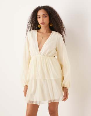 long sleeve v neck mini dress in butter yellow