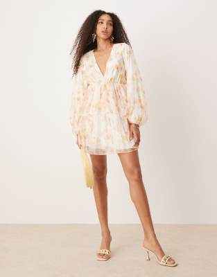 long sleeve V-neck mini dress in watercolor multi print