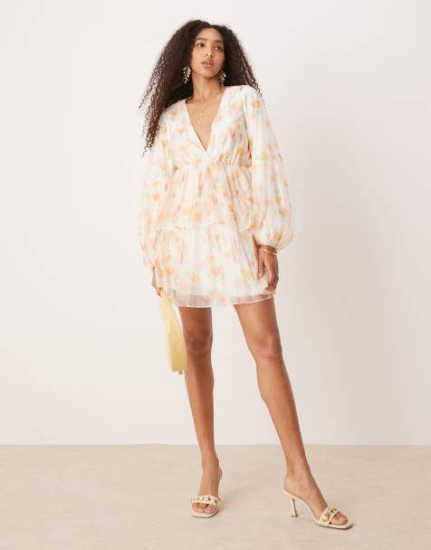 Gina Tricot long sleeve v neck mini dress in watercolour multi print - view 1