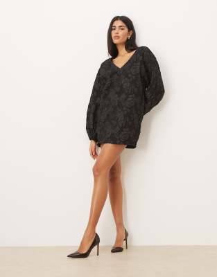 Gina Tricot Long Sleeve V Neck Rose 3d Brocade Mini Dress In Black