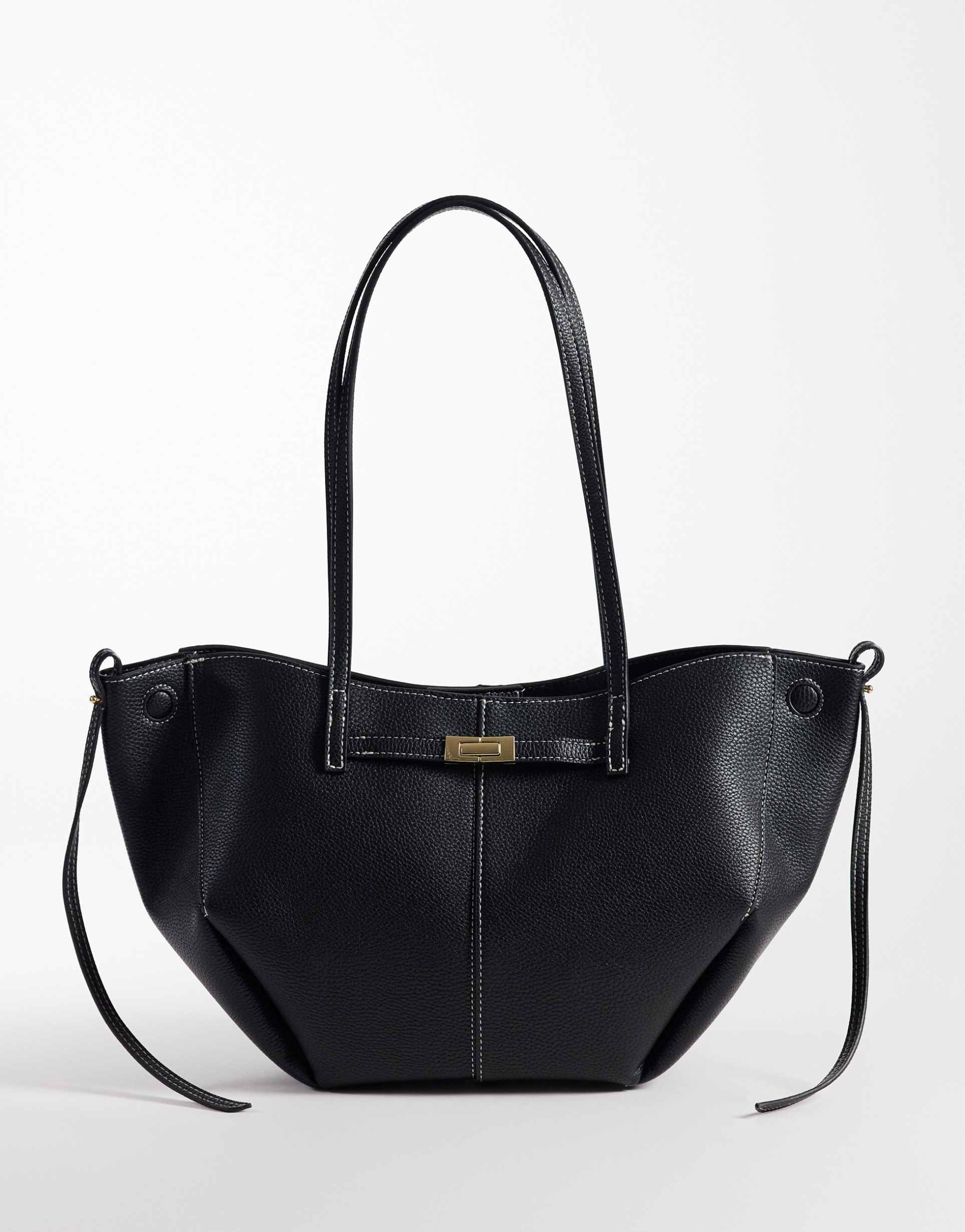 gina tricot long strap midi bag with belt buckle detail in black