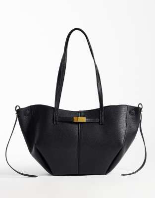 Gina Tricot Long Strap Tote Bag With Gold Buckle Detail In Black