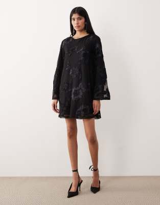 Gina Tricot Long Wide Sleeve Flowy Mini Dress with Open Back in Black