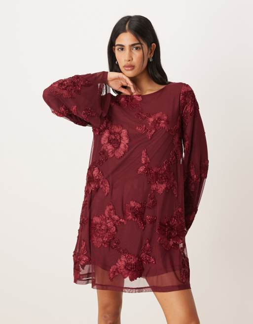 Gina Tricot long wide sleeve flowy mini dress with open back in burgundy |  ASOS