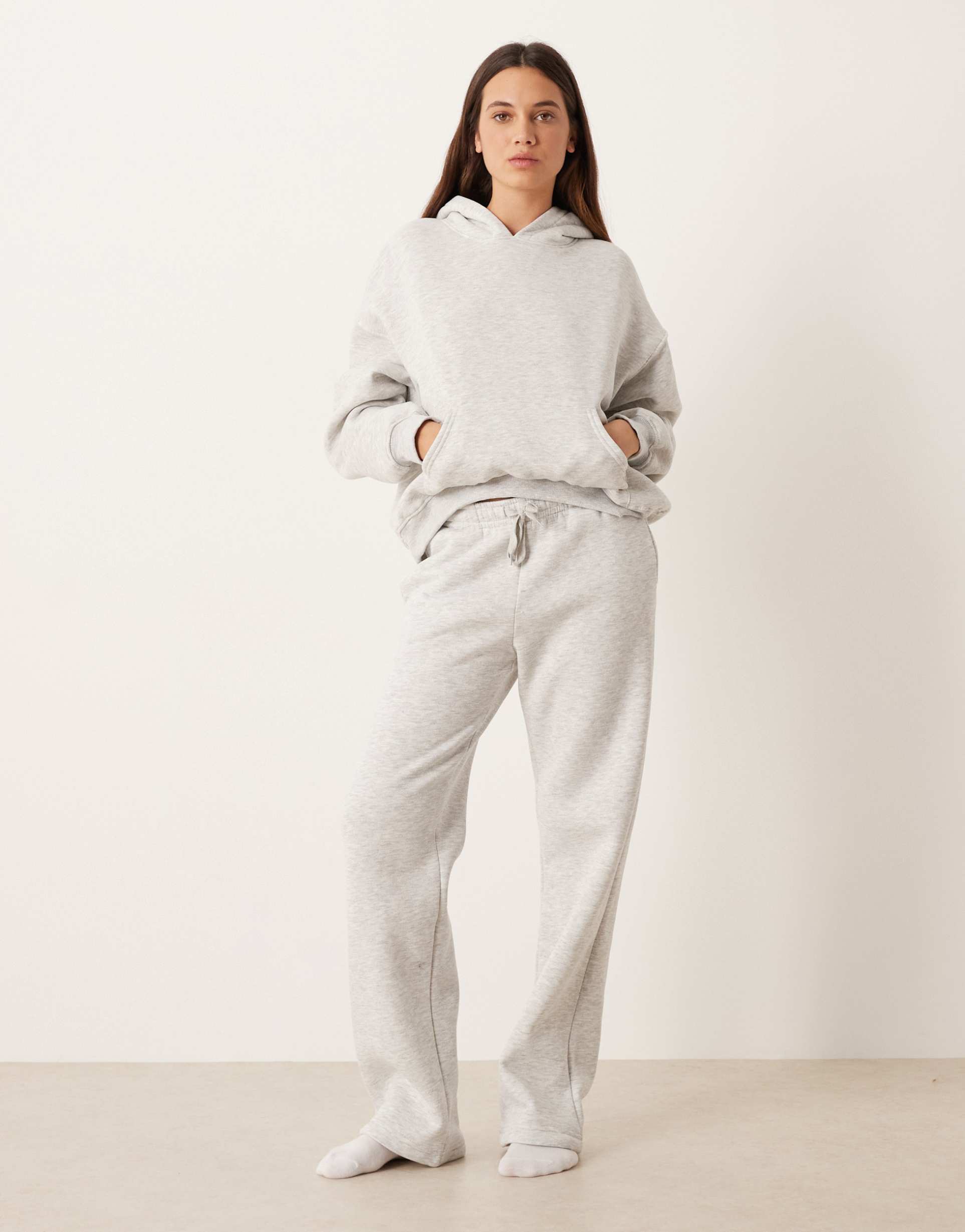 gina tricot loose fit straight leg sweatpants in light gray melange - part of a set
