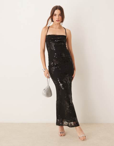 GINA TRICOT low back textured jacquard stretch maxi dress in black metallic floral pattern - view 1