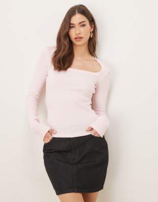 low neck long sleeve ribbed jersey top in pink