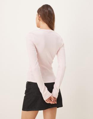 Shop Gina Tricot Low Neck Long Sleeve Ribbed Jersey Top In Pink