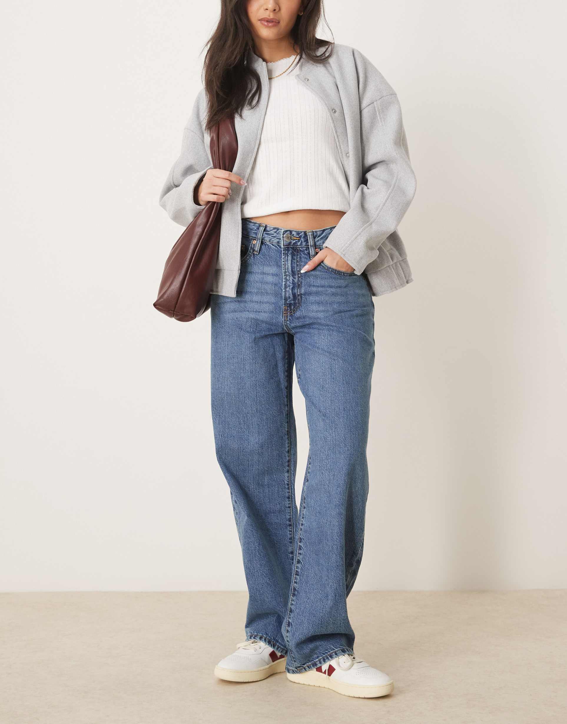 gina tricot low waist baggy jeans in midwash blue