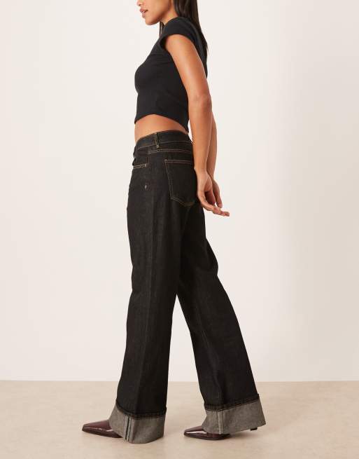 Gina Tricot low waist fold up jeans in darkwash blue, 3 of 5