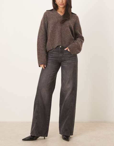 Gina Tricot low waist wide leg front seam jeans in off black - view 1