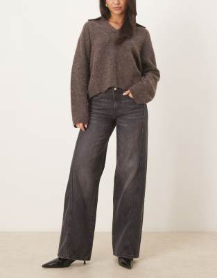 Gina Tricot Low Waist Wide Leg Front Seaming Jeans In Black