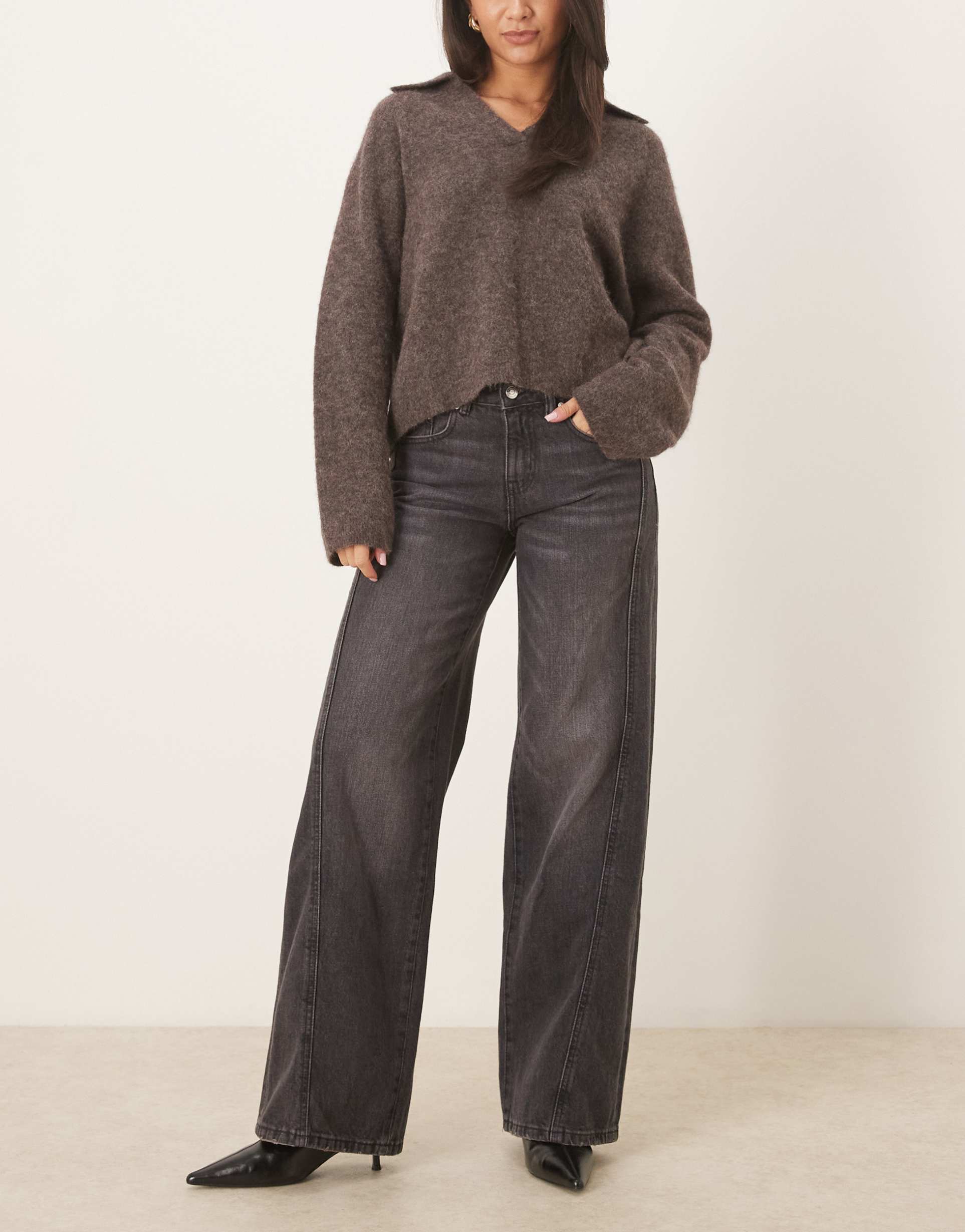 gina tricot low waist wide leg front seaming jeans in off black