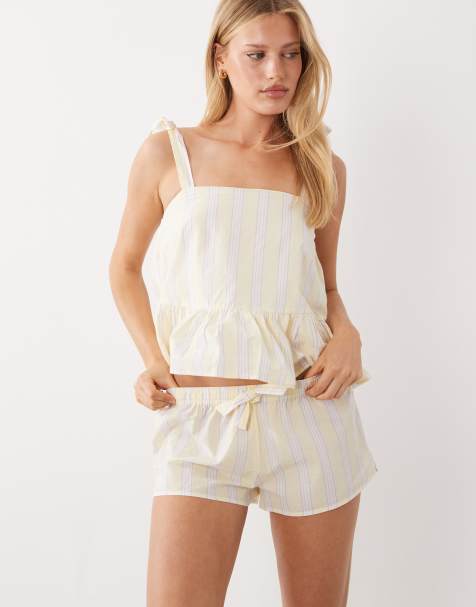 Gina Tricot - Lysegule pyjamasshorts i poplin med striber - view 1
