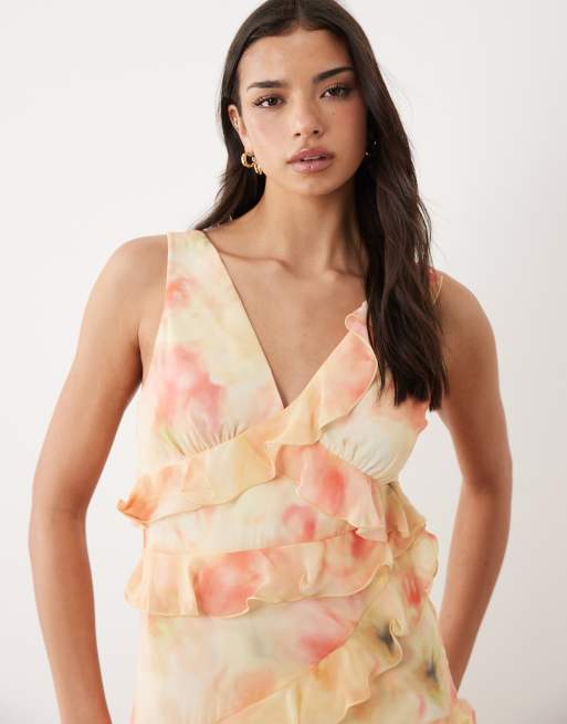 Gina Tricot - Lyserød lagdelt maxikjole med flæser blomstret akvarelprint, 2 af 4