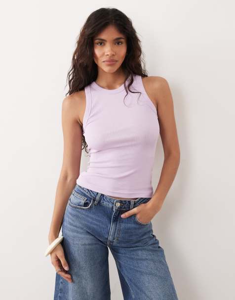 Gina Tricot - Lyslilla ribstrikket basis-tanktop i bomuldsrigt stof - view 1