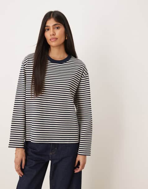 Gina Tricot - Maglietta basic a maniche lunghe in puro cotone bianca a righe blu navy - view 1
