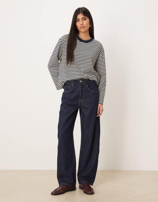 Gina Tricot - Maglietta basic a maniche lunghe in puro cotone bianca a righe blu navy, 2 di 4