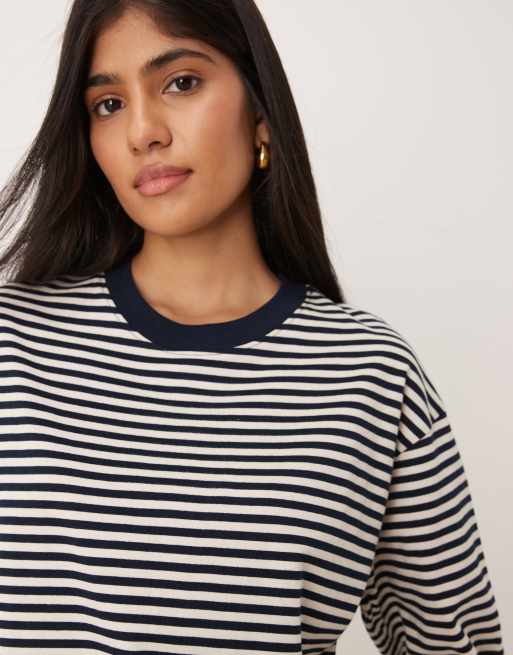 Gina Tricot - Maglietta basic a maniche lunghe in puro cotone bianca a righe blu navy, 4 di 4