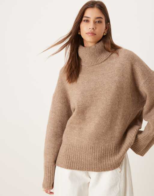Gina Tricot - Maglione accollato a maniche lunghe in lana e alpaca color beige mélange