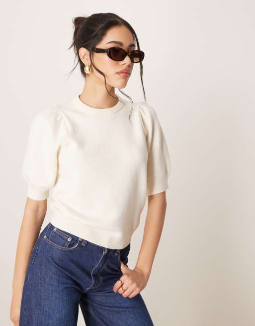 Gina Tricot - Maglione color crema con maniche corte a sbuffo