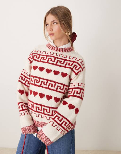 Gina Tricot - Maglione comodo color crema con motivo jacquard a cuori rossi