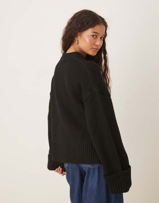 Gina Tricot - Maglione comodo girocollo nero con maniche risvoltate, 2 di 4