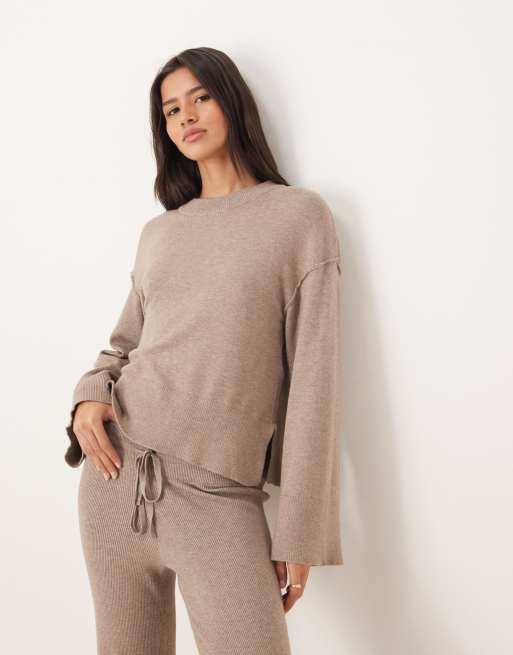 Gina Tricot - Maglione girocollo lavorato a maniche lunghe color marrone mélange in coordinato