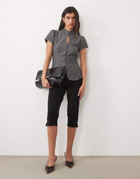 Gina Tricot mandarin collar keyhole top in grey pinstripe - view 1