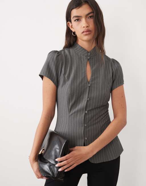 Gina Tricot mandarin collar keyhole top in grey pinstripe, 2 of 4