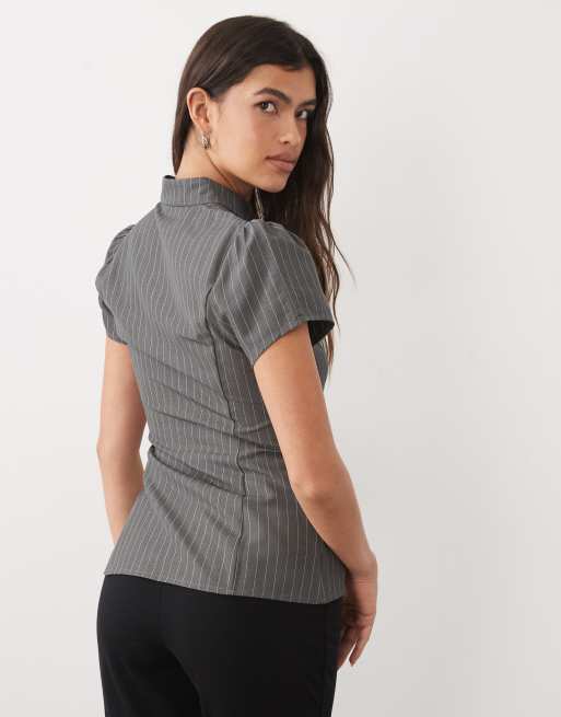 Gina Tricot mandarin collar keyhole top in grey pinstripe, 4 of 4