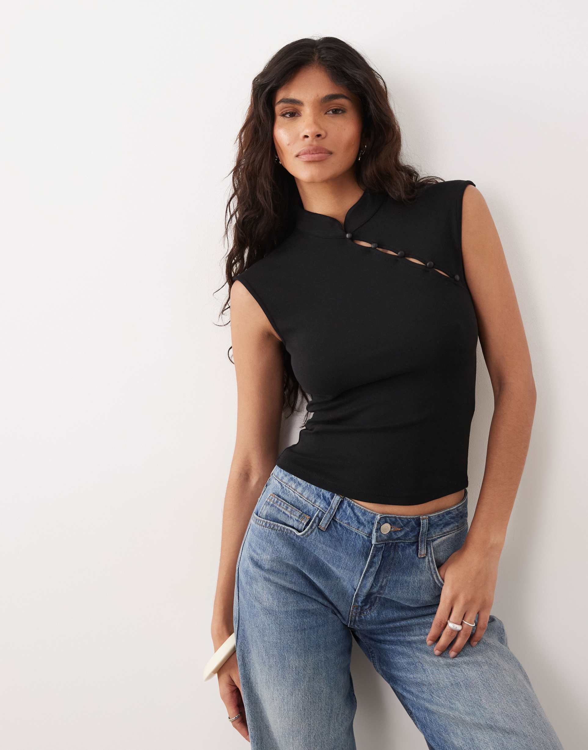 gina tricot mandarin collar top in black